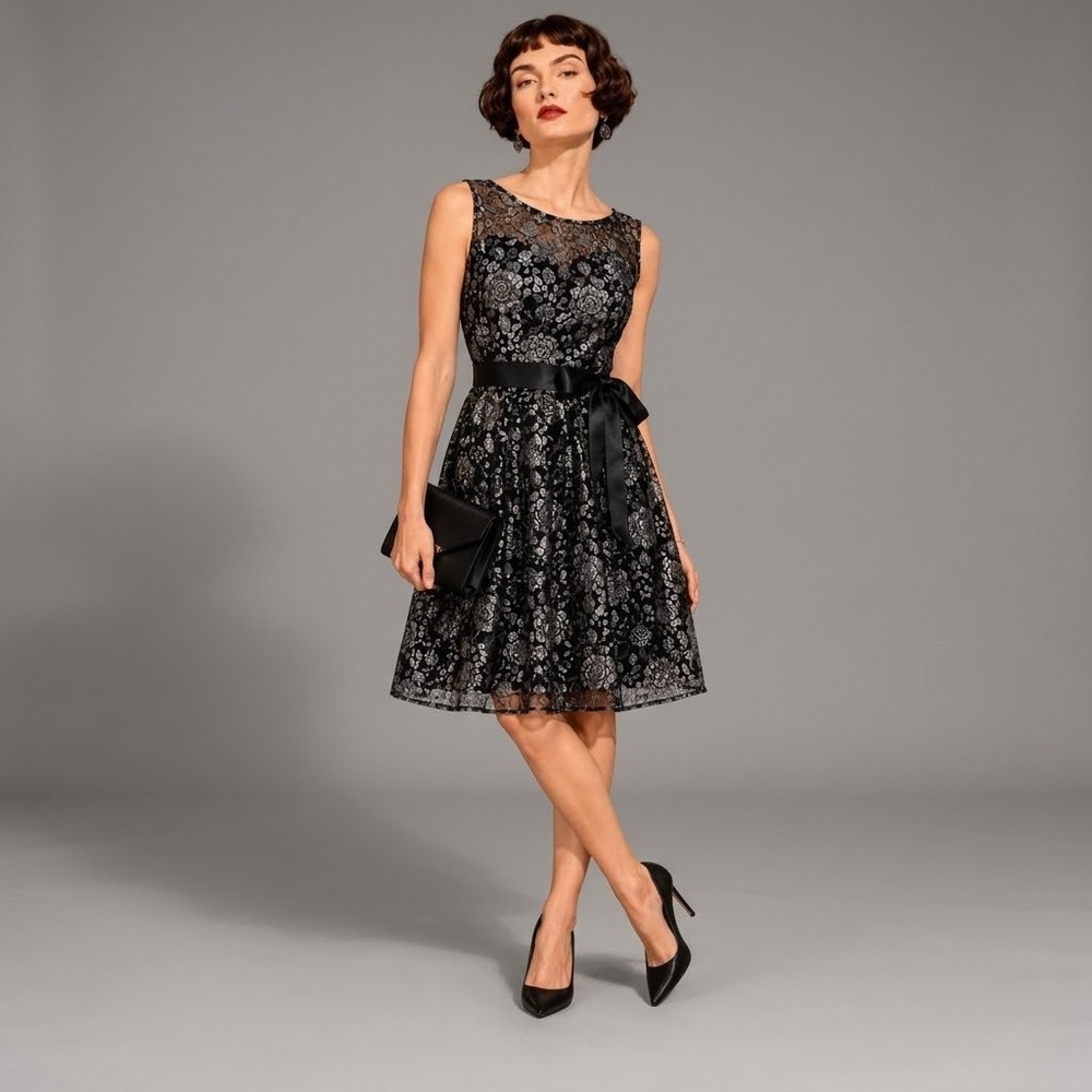Scarlett Size 6 Black Silver Metallic Lace Fit Flare Cocktail Dress